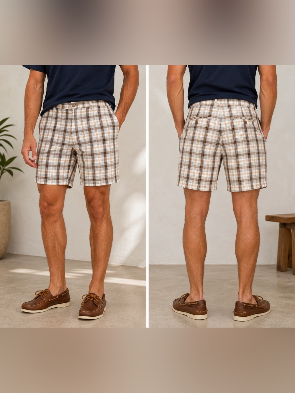 Vtg Tommy Bahama Shorts Mens Size 38 Brown Plaid Linen Silk  Casual Chino Vintag